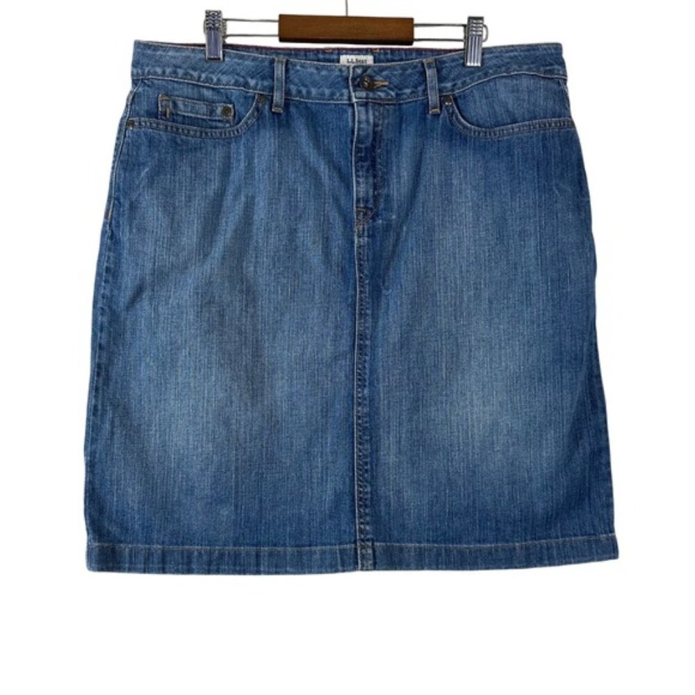 LL Bean Women's Skirt Denim Medium Wash Cotton A Line Slit Knee Length Size 14